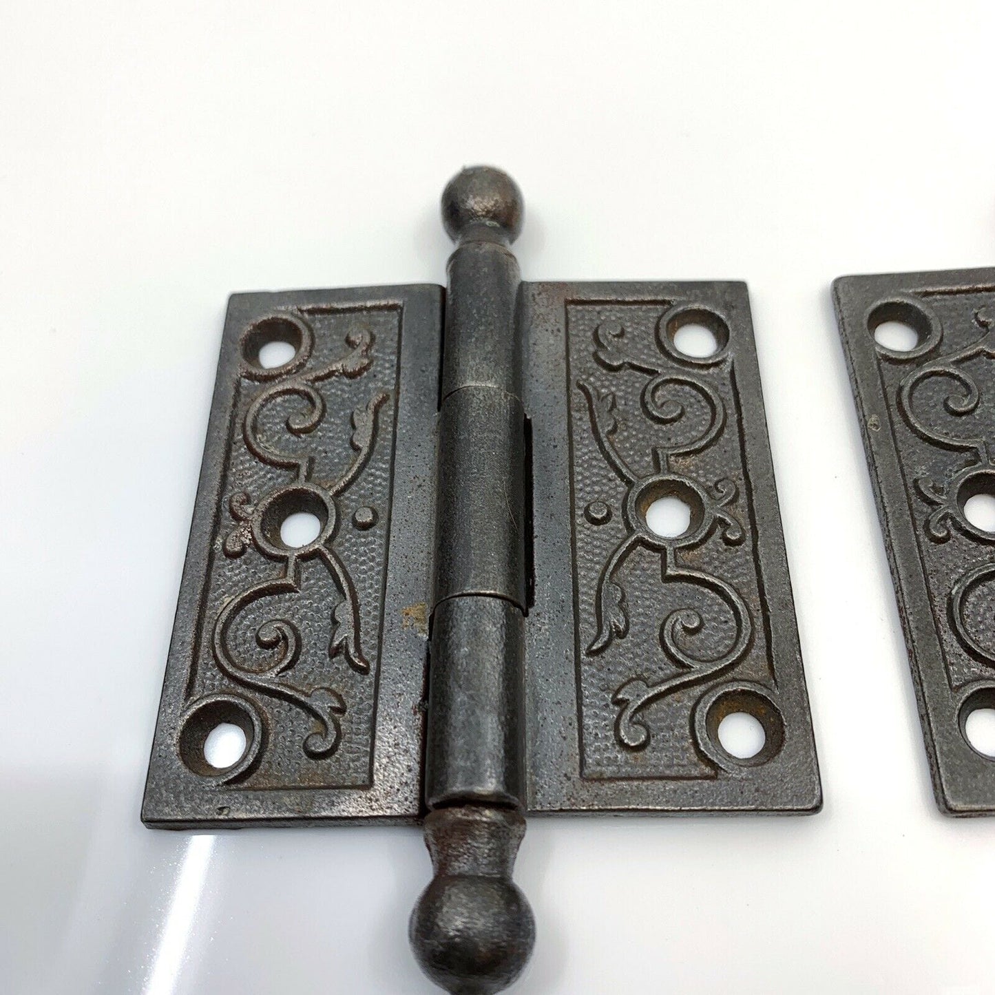 Pair of Antique Ornate Cast Iron Loose Pin Door Hinges 3", Ball Finial Tips