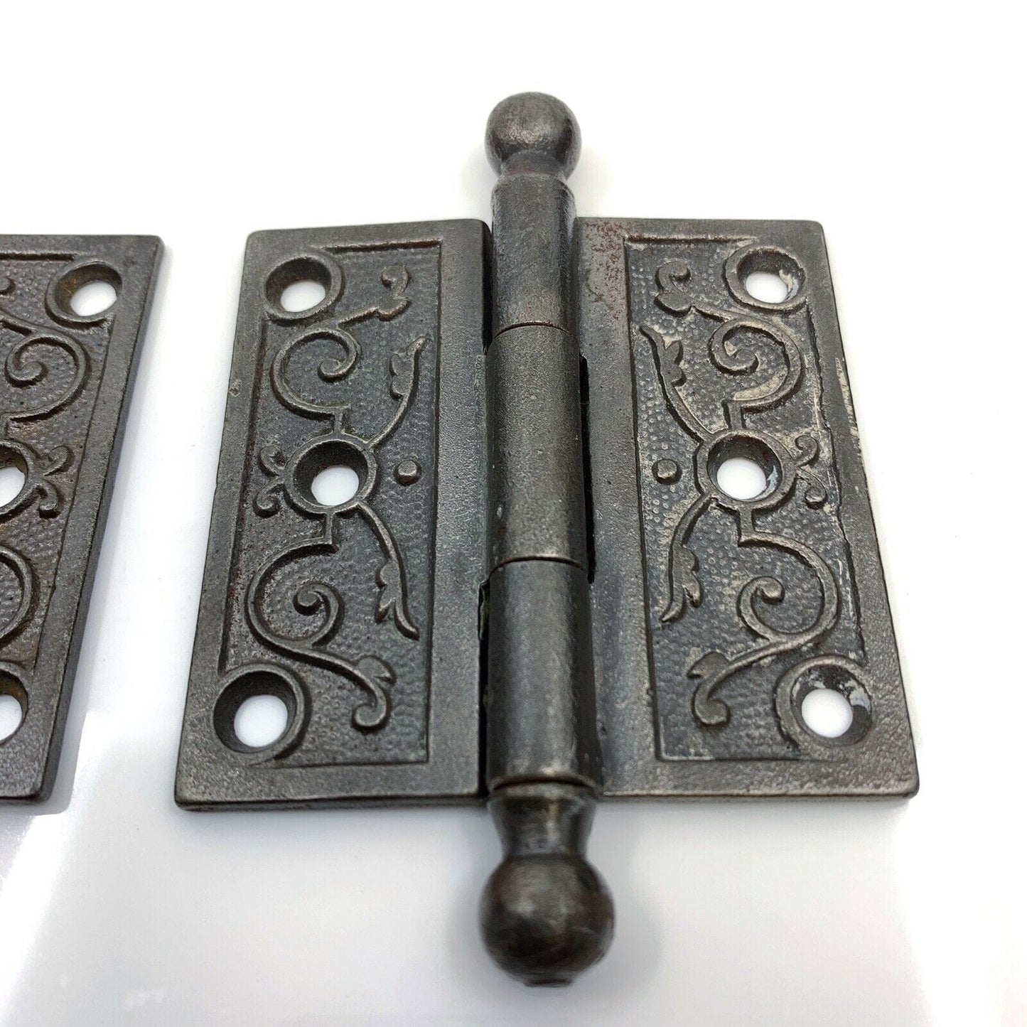 Pair of Antique Ornate Cast Iron Loose Pin Door Hinges 3", Ball Finial Tips