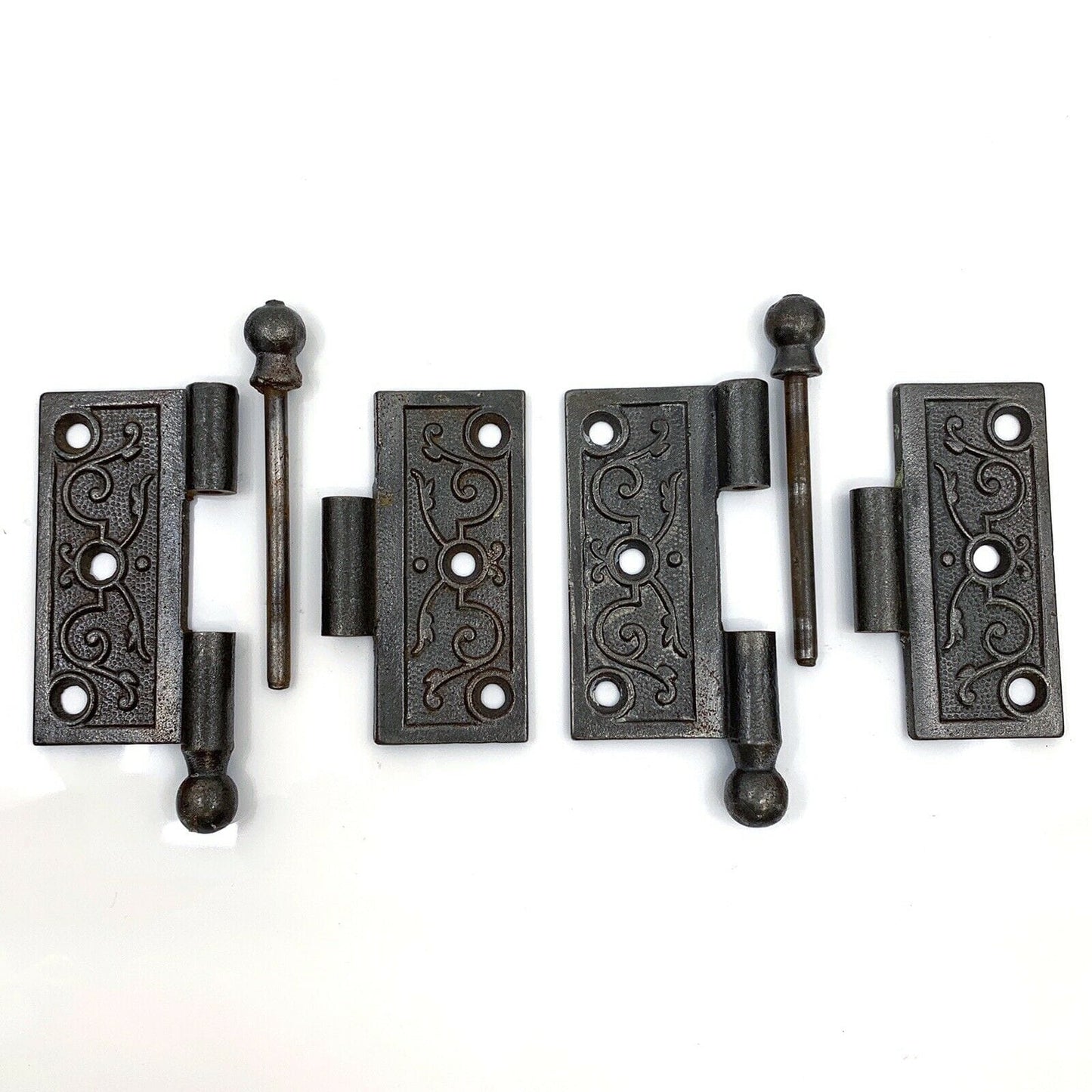 Pair of Antique Ornate Cast Iron Loose Pin Door Hinges 3", Ball Finial Tips