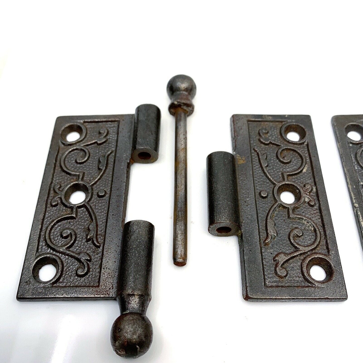 Pair of Antique Ornate Cast Iron Loose Pin Door Hinges 3", Ball Finial Tips