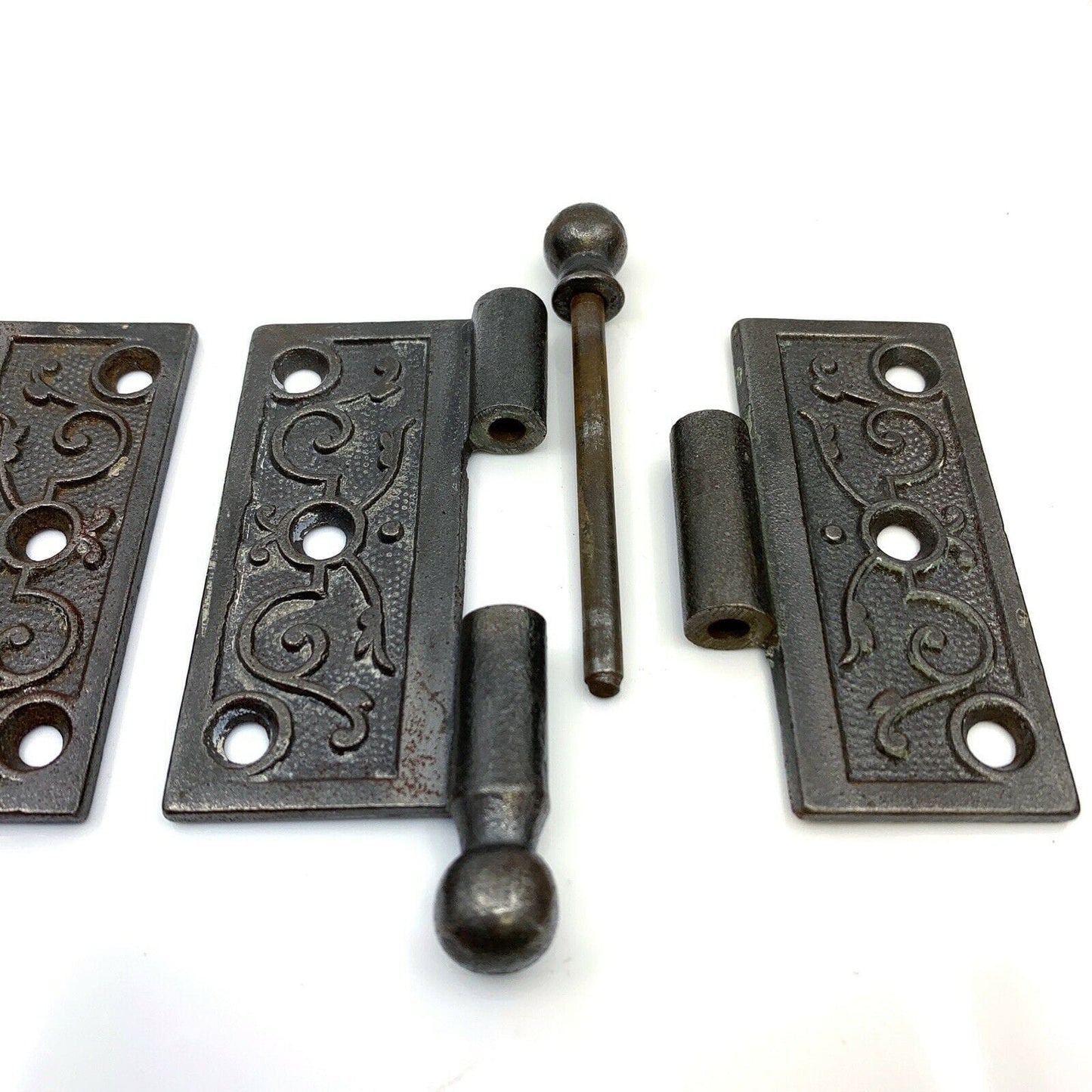 Pair of Antique Ornate Cast Iron Loose Pin Door Hinges 3", Ball Finial Tips