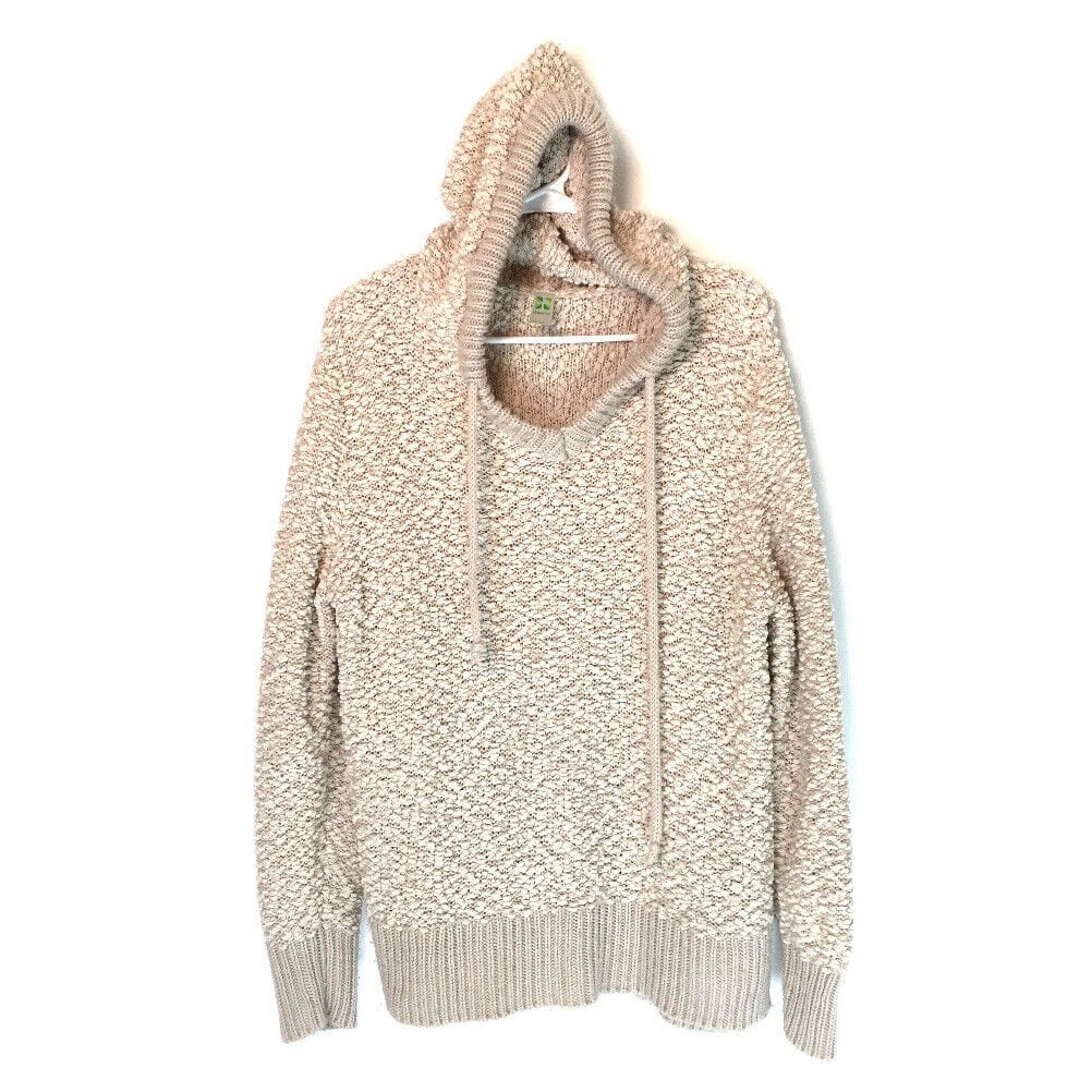 GreenTea Womens Size XL Beige Long Sleeve V-Neck Boucle Knit Hoodie Sweater