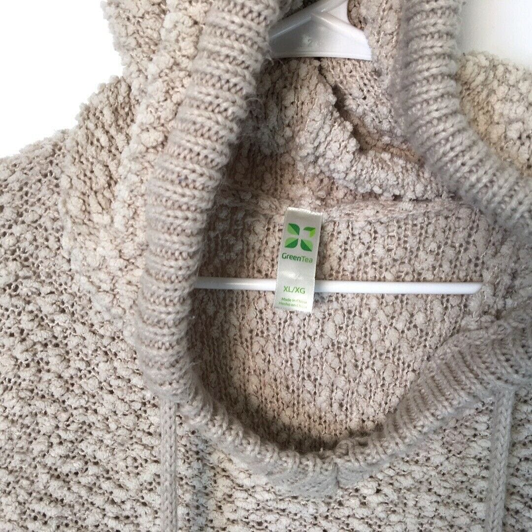 Greentea Women's Beige Boucle Knit V-Neck Hoodie Sweater - Long Sleeve - Size XL - Pre-Owned