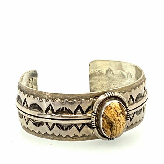 Oscar Alexius Native Navajo Vintage Sterling Silver Petrified Wood Cuff Bracelet