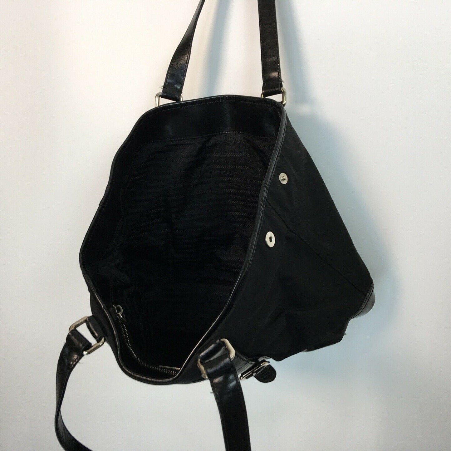 PRADA Women’s Nylon/Leather Expandable Shoulder Tote | Nero (Black) | L | Inner Snaps | Pre-Owned