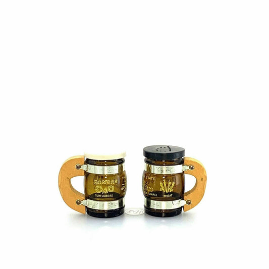 Vintage Kansas Beer Mug Glass Wood Handle Souvenir Salt and Pepper Shakers Set