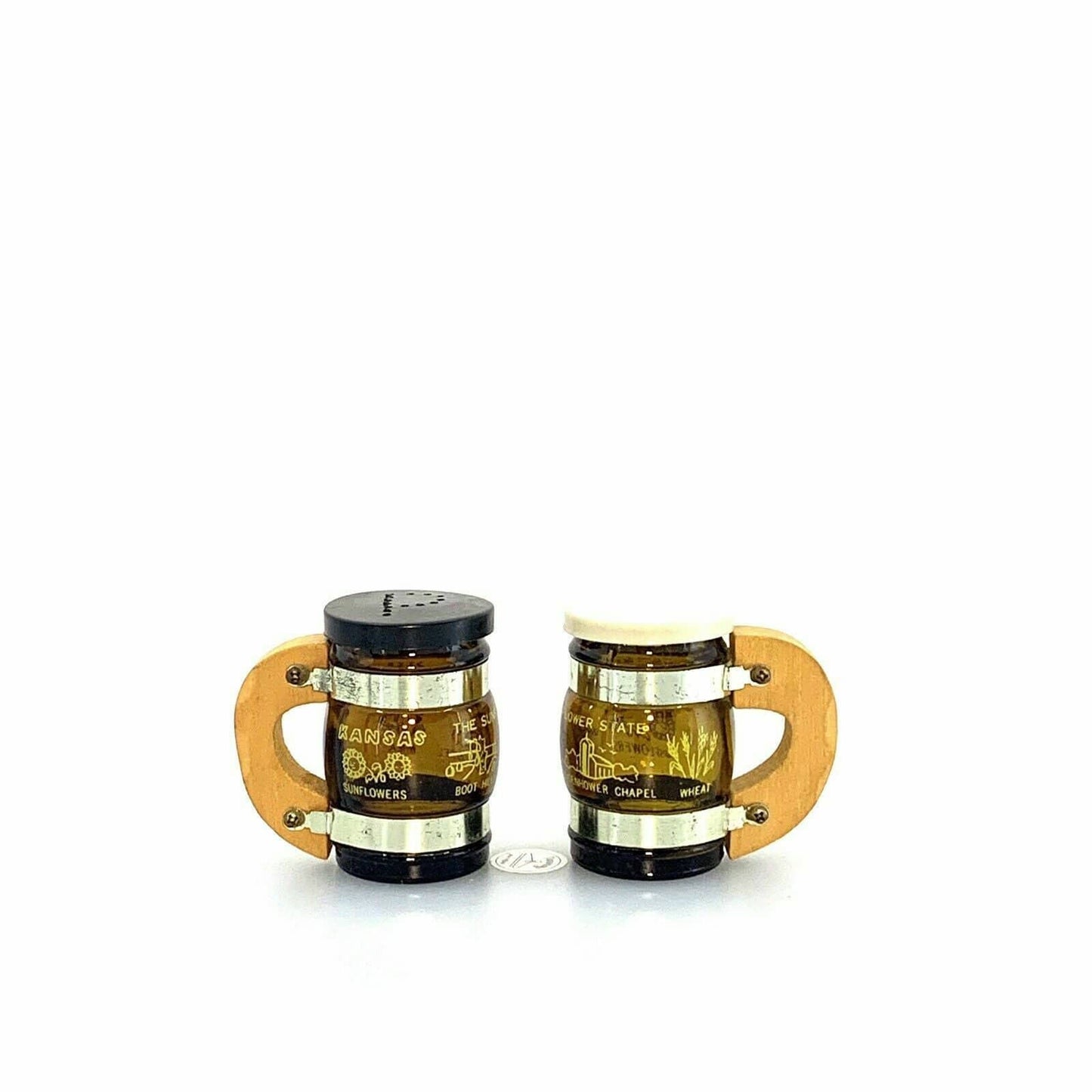 Vintage Kansas Beer Mug Glass Wood Handle Souvenir Salt and Pepper Shakers Set
