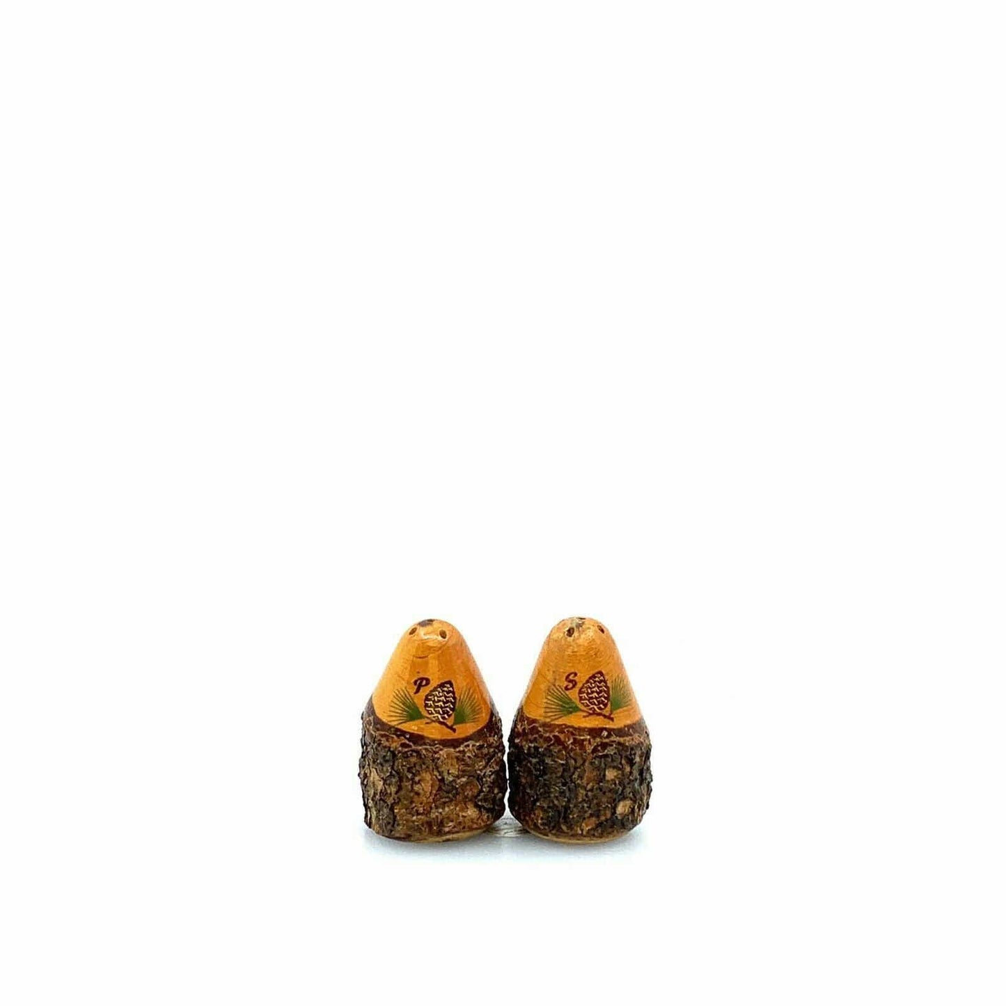 Vintage Carved Wood Salt & Pepper Shakers Rustic Bark Pinecone Cabin Decor