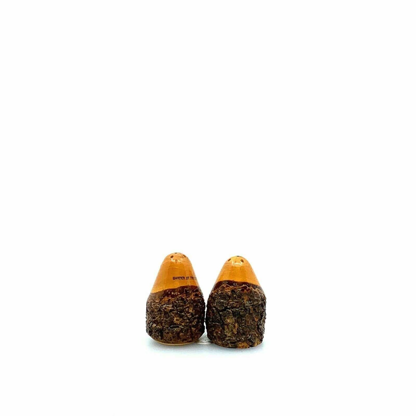 Vintage Carved Wood Salt & Pepper Shakers Rustic Bark Pinecone Cabin Decor