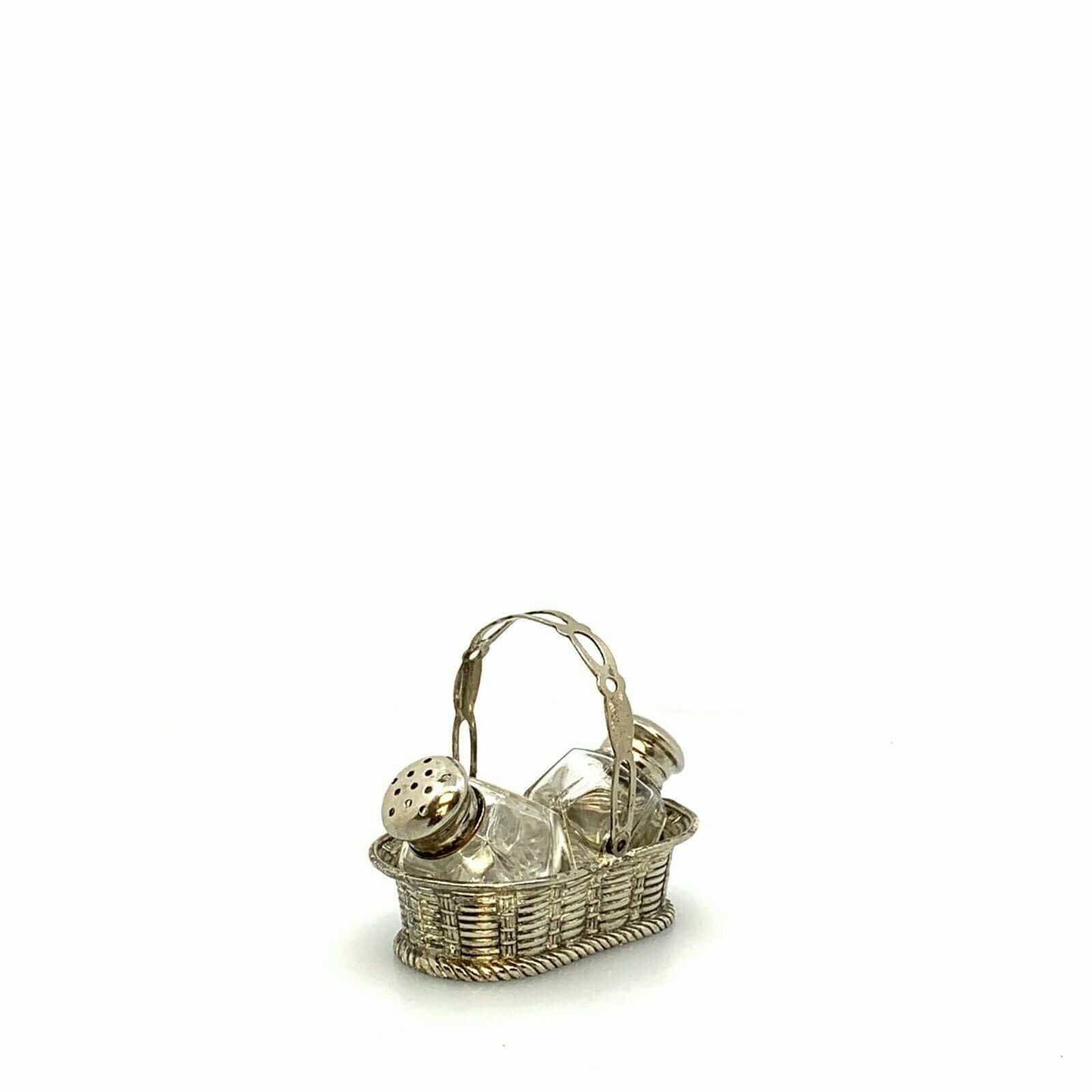 Vintage Leonard Crystal Salt & Pepper Shakers Silver Basket Holder Japan