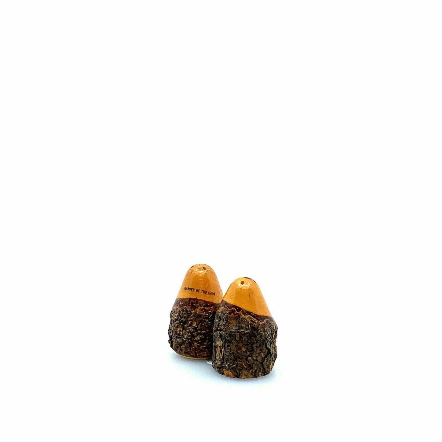 Vintage Carved Wood Salt & Pepper Shakers Rustic Bark Pinecone Cabin Decor