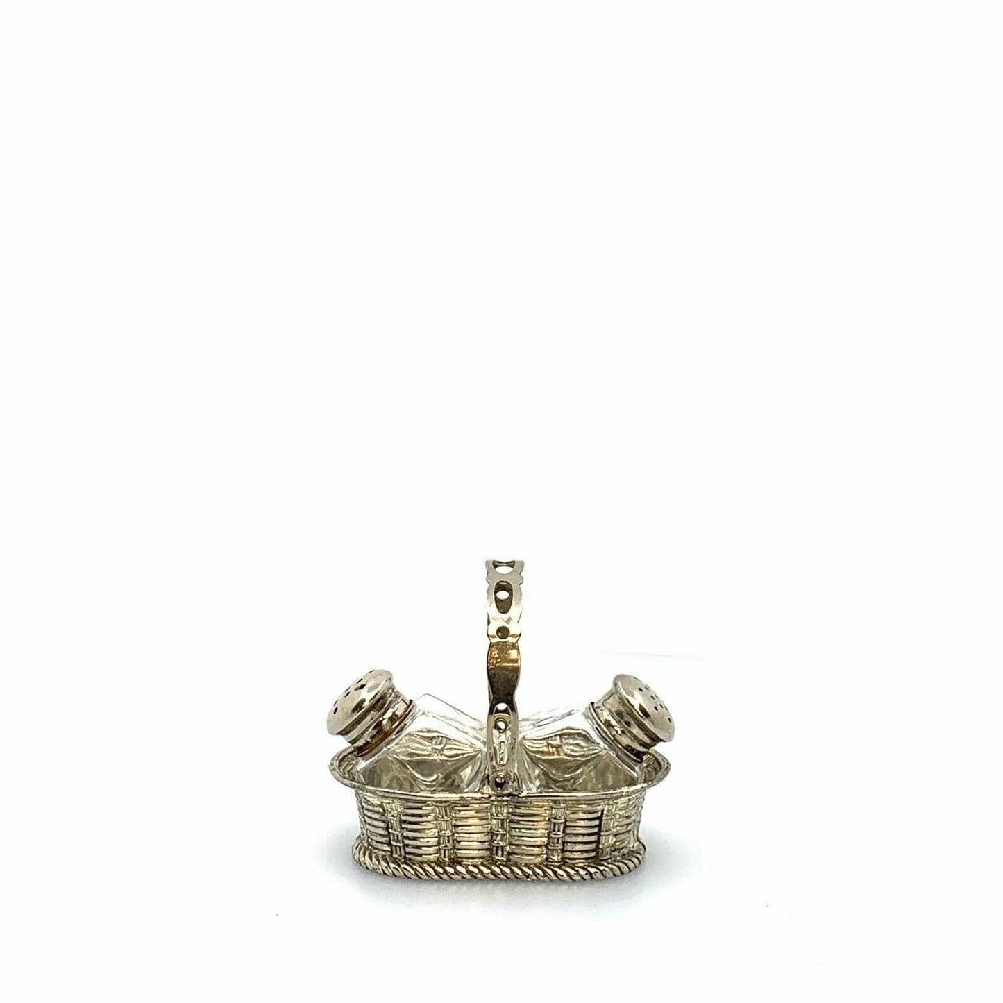 Vintage Leonard Crystal Salt & Pepper Shakers Silver Basket Holder Japan
