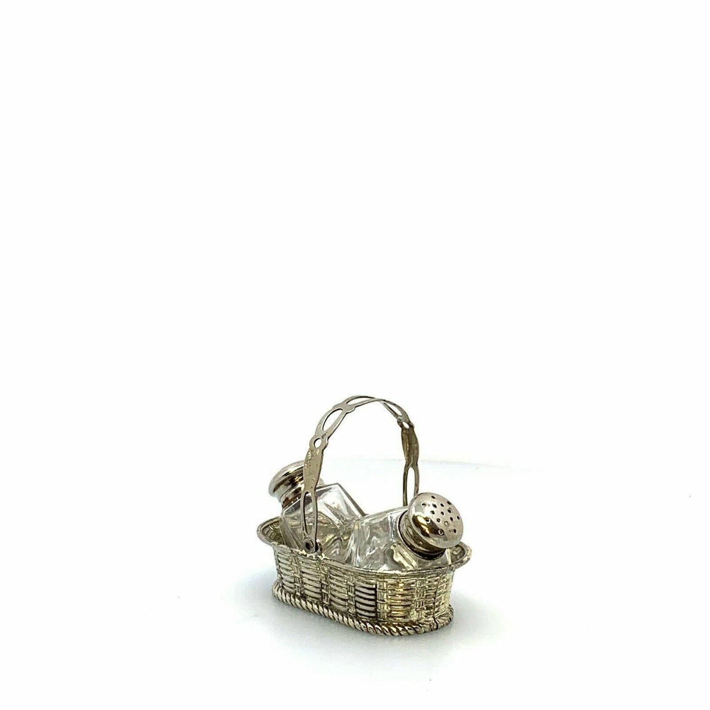 Vintage Leonard Crystal Salt & Pepper Shakers Silver Basket Holder Japan