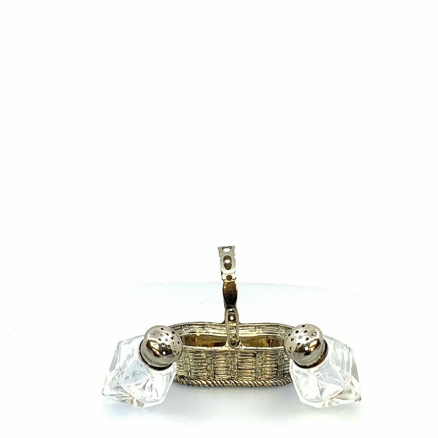 Vintage Leonard Crystal Salt & Pepper Shakers Silver Basket Holder Japan