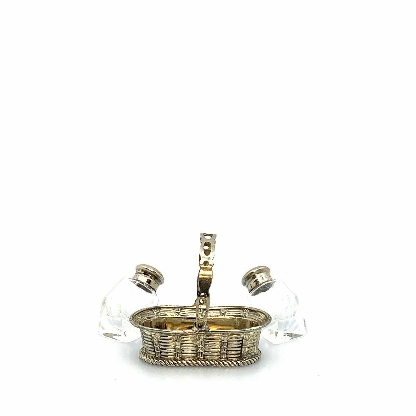 Vintage Leonard Crystal Salt & Pepper Shakers Silver Basket Holder Japan