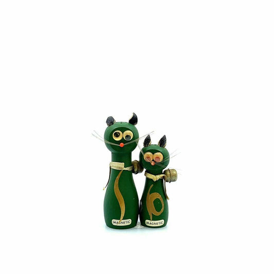 Vintage Green Cat Hand Painted Magnetic Wood Salt & Pepper Shakers Set