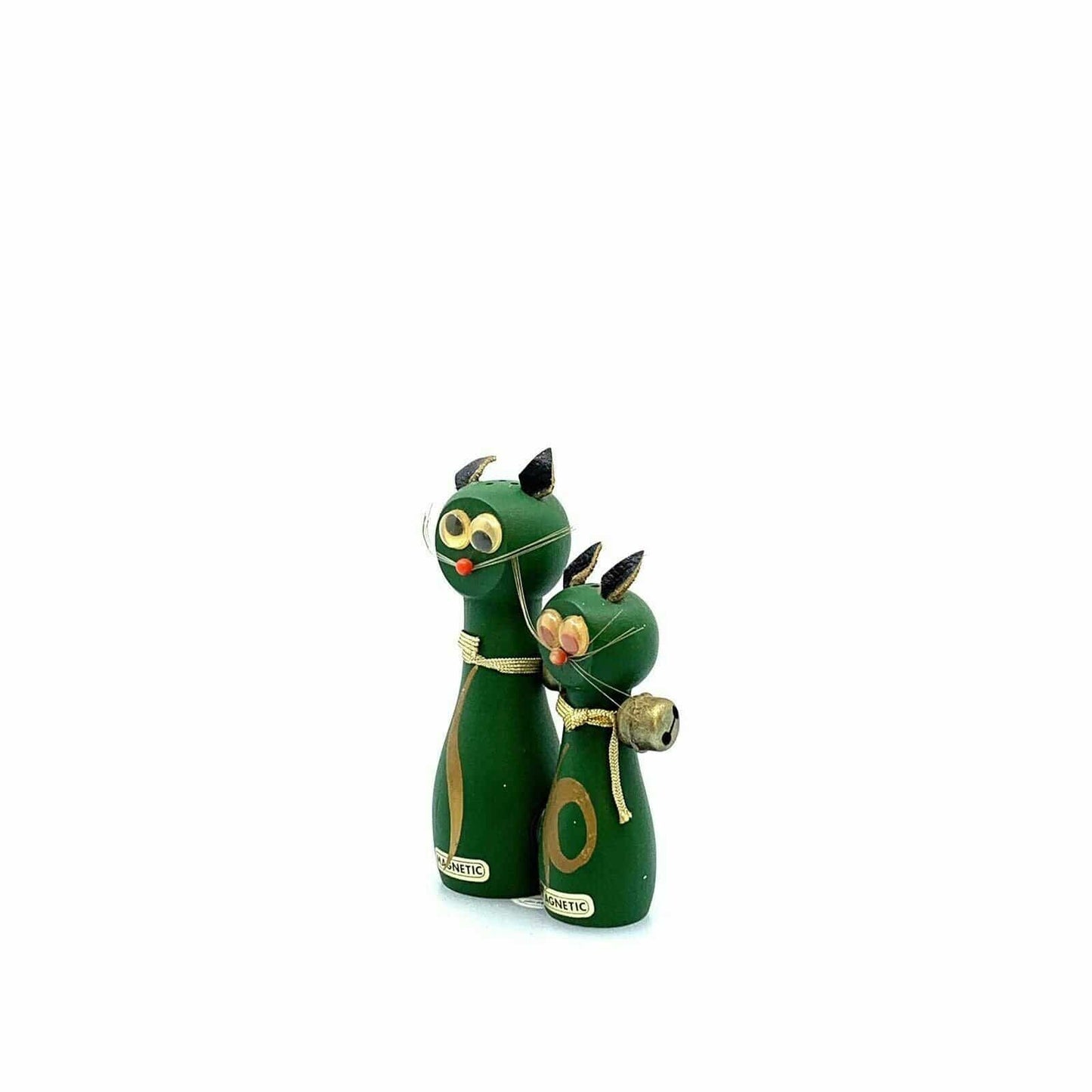 Vintage Green Cat Hand Painted Magnetic Wood Salt & Pepper Shakers Set