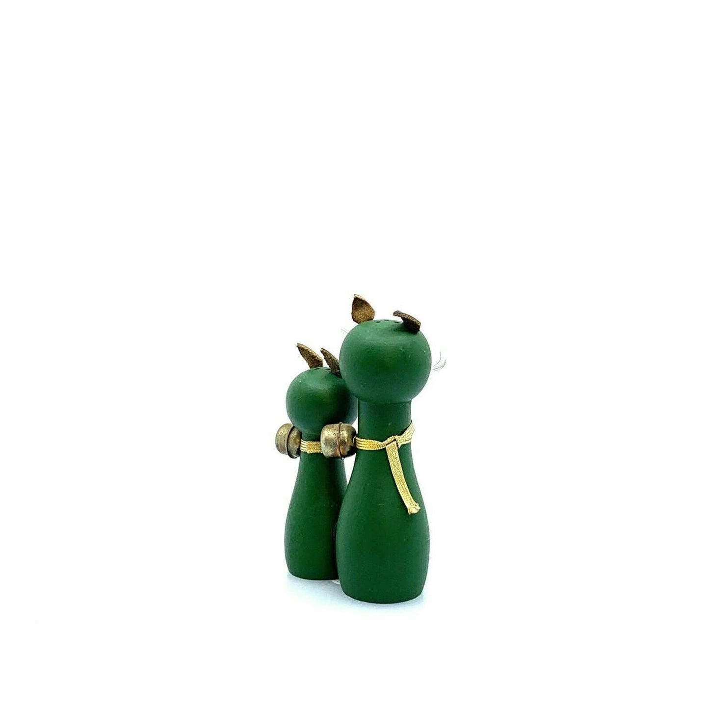 Vintage Green Cat Hand Painted Magnetic Wood Salt & Pepper Shakers Set