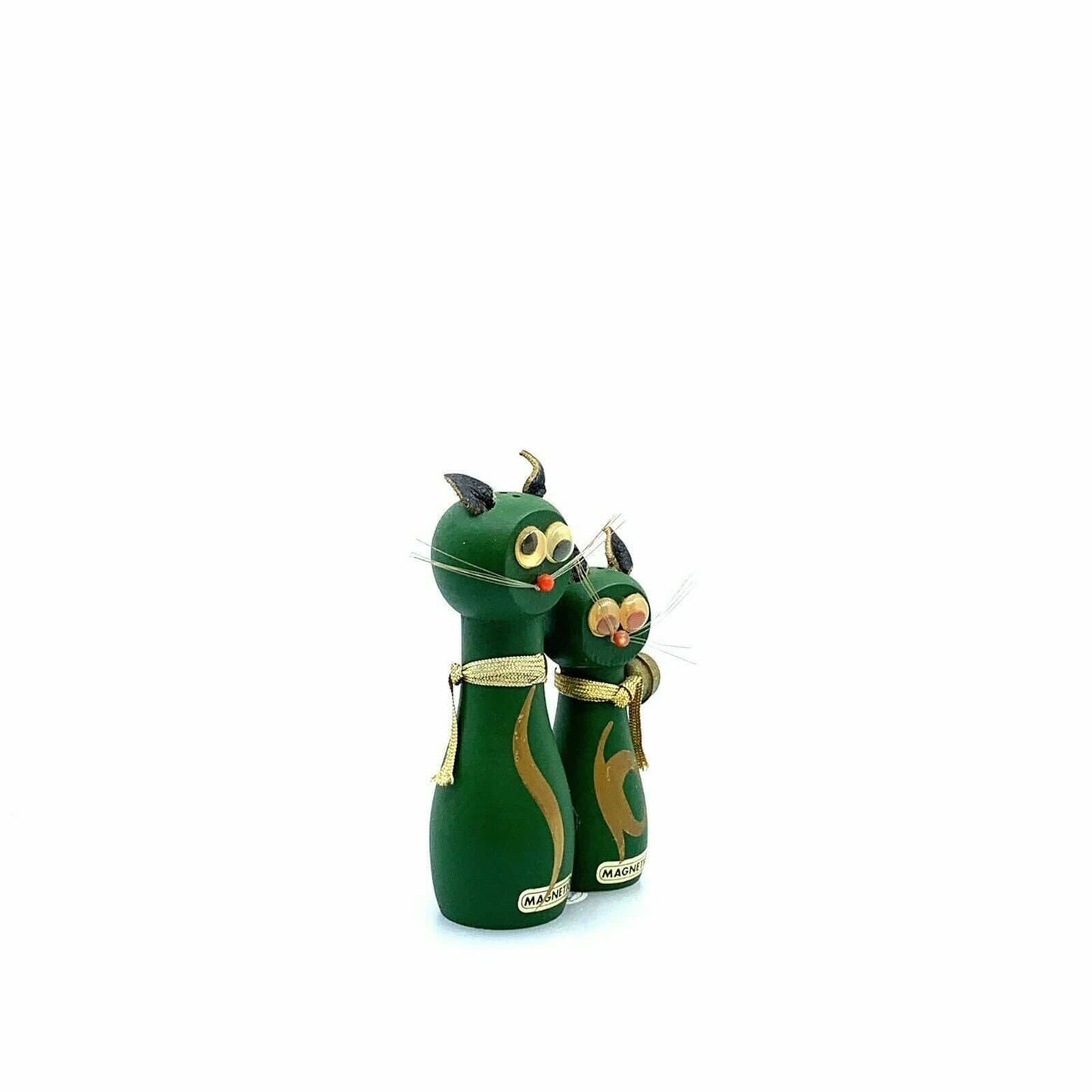 Vintage Green Cat Hand Painted Magnetic Wood Salt & Pepper Shakers Set
