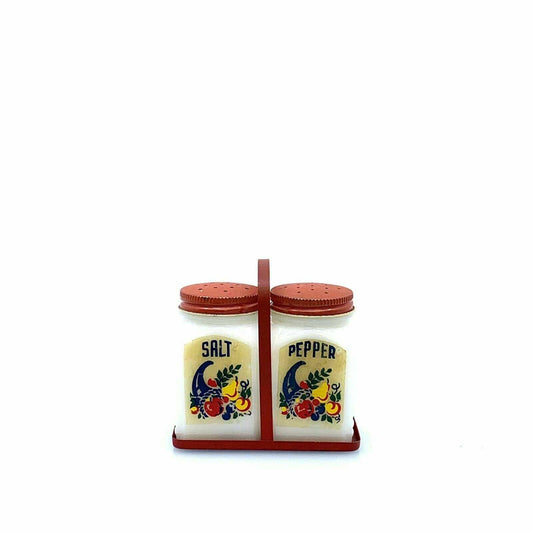 Vintage McKee Cornucopia Red Lid and Holder Salt and Pepper Shakers Milk Glass