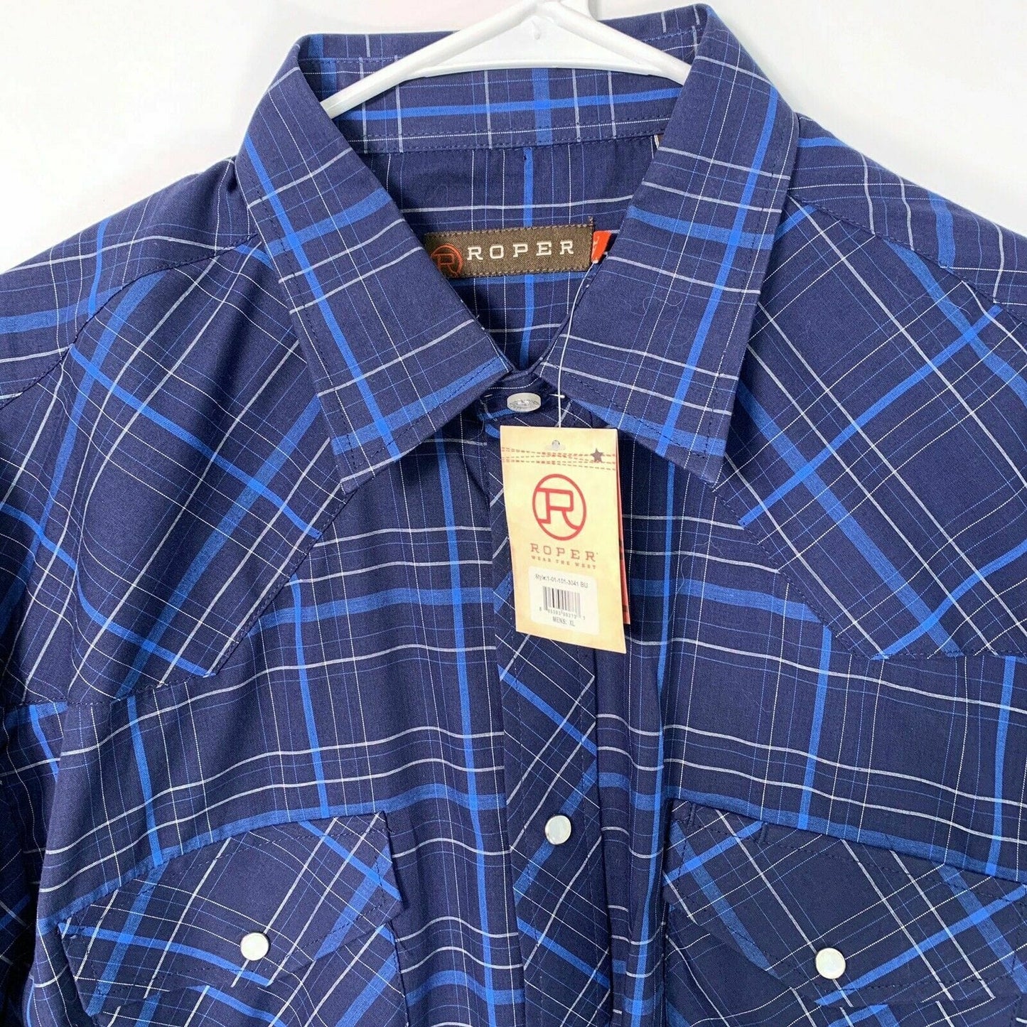 Roper Men's Blue and Cream Plaid Western Snap Shirt - Long Sleeve - Size XL