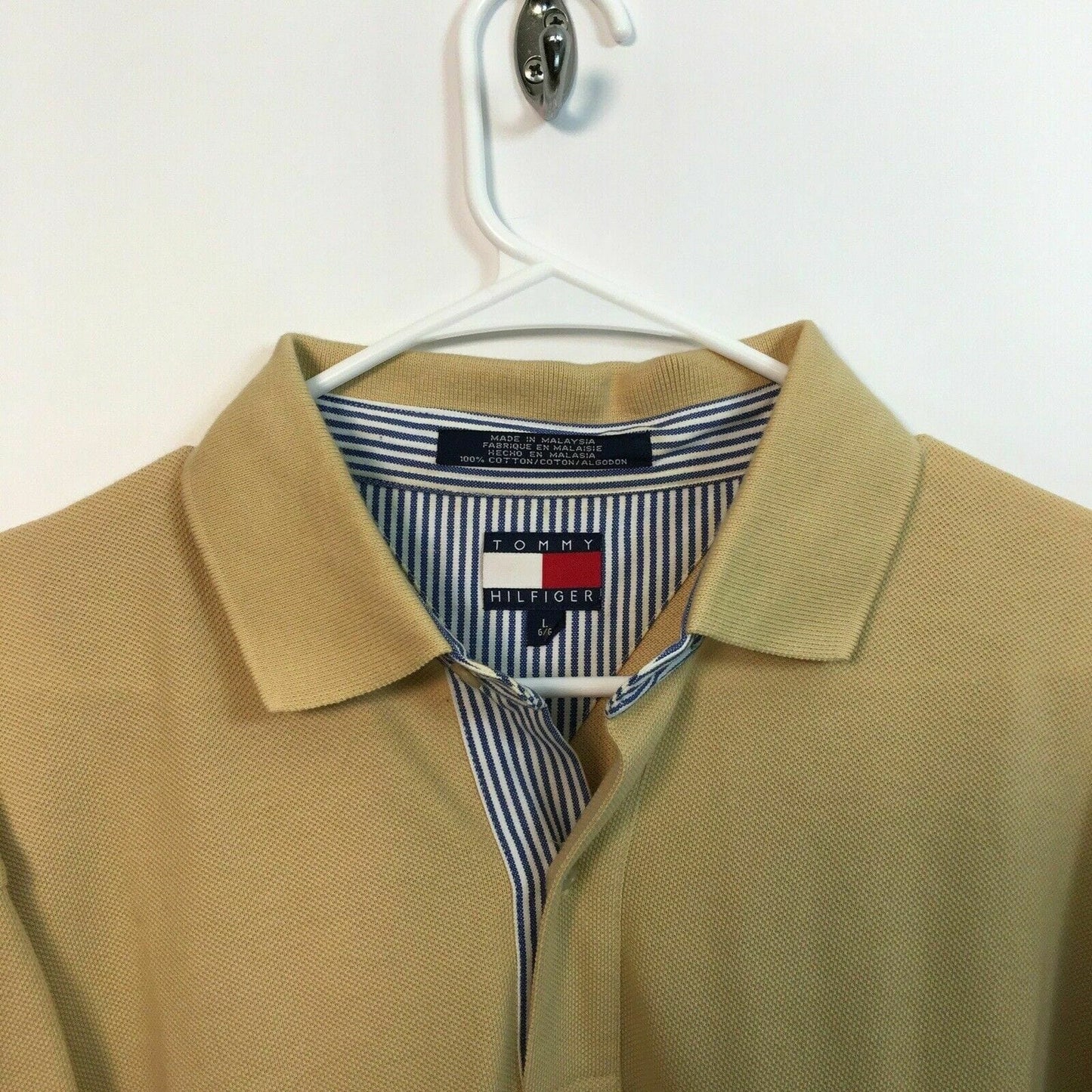 TOMMY HILFIGER Classic Mens Size L Beige 2-Button Polo Golf Shirt S/s