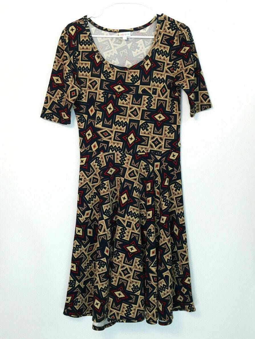 LuLaRoe Womens Nicole Navy & Tan Print Short Sleeve A-Line Dress Size M