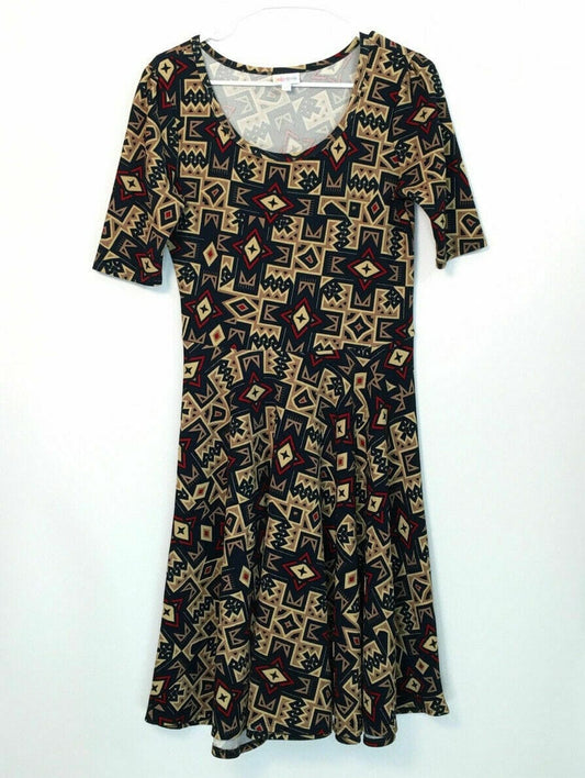 LuLaRoe Womens Nicole Navy & Tan Print Short Sleeve A-Line Dress Size M