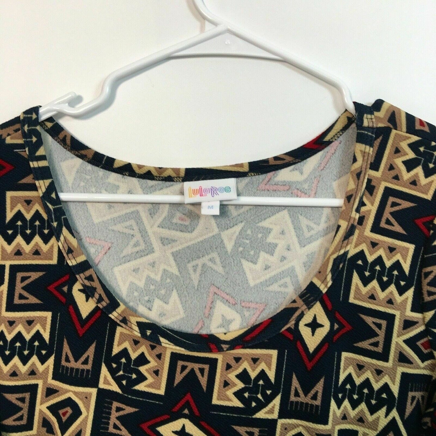 LuLaRoe Womens Nicole Navy & Tan Print Short Sleeve A-Line Dress Size M