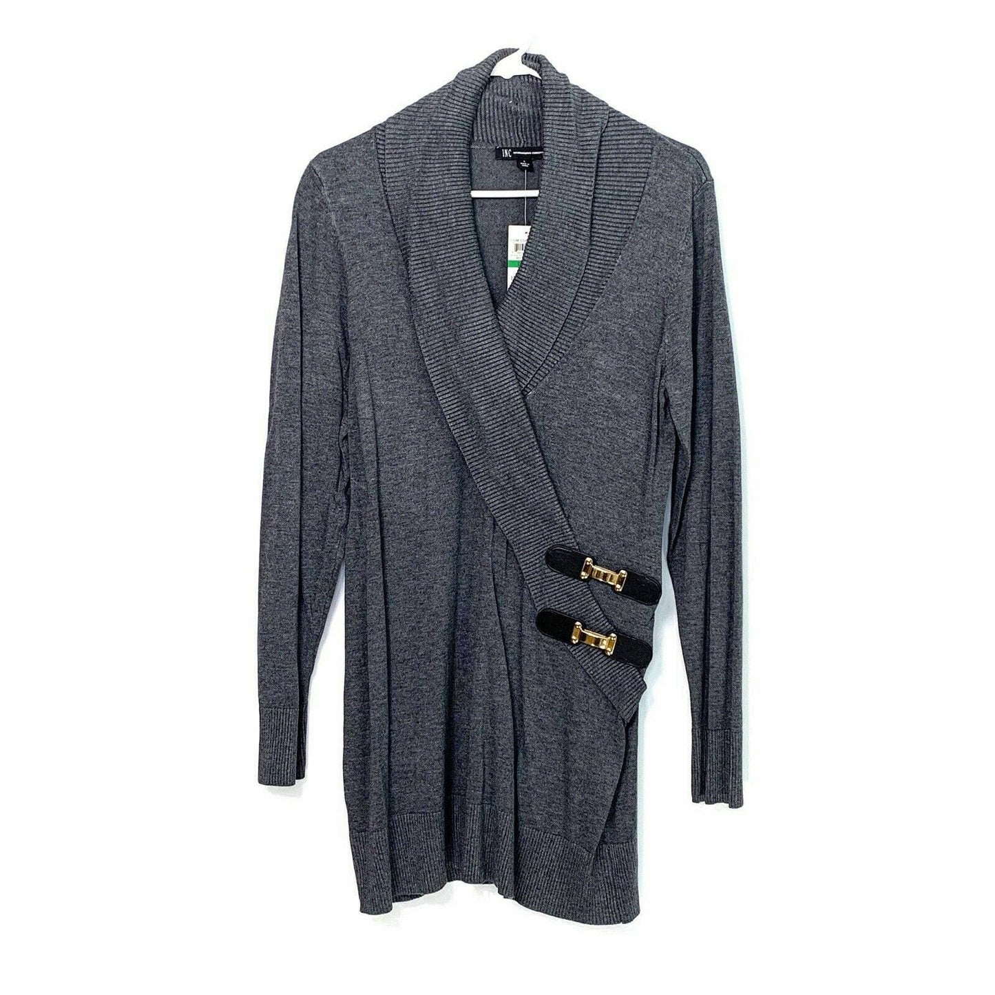 INC Womens Size L Gray Sweater Pullover V Neck Long Sleeve Buttons Asymmetric