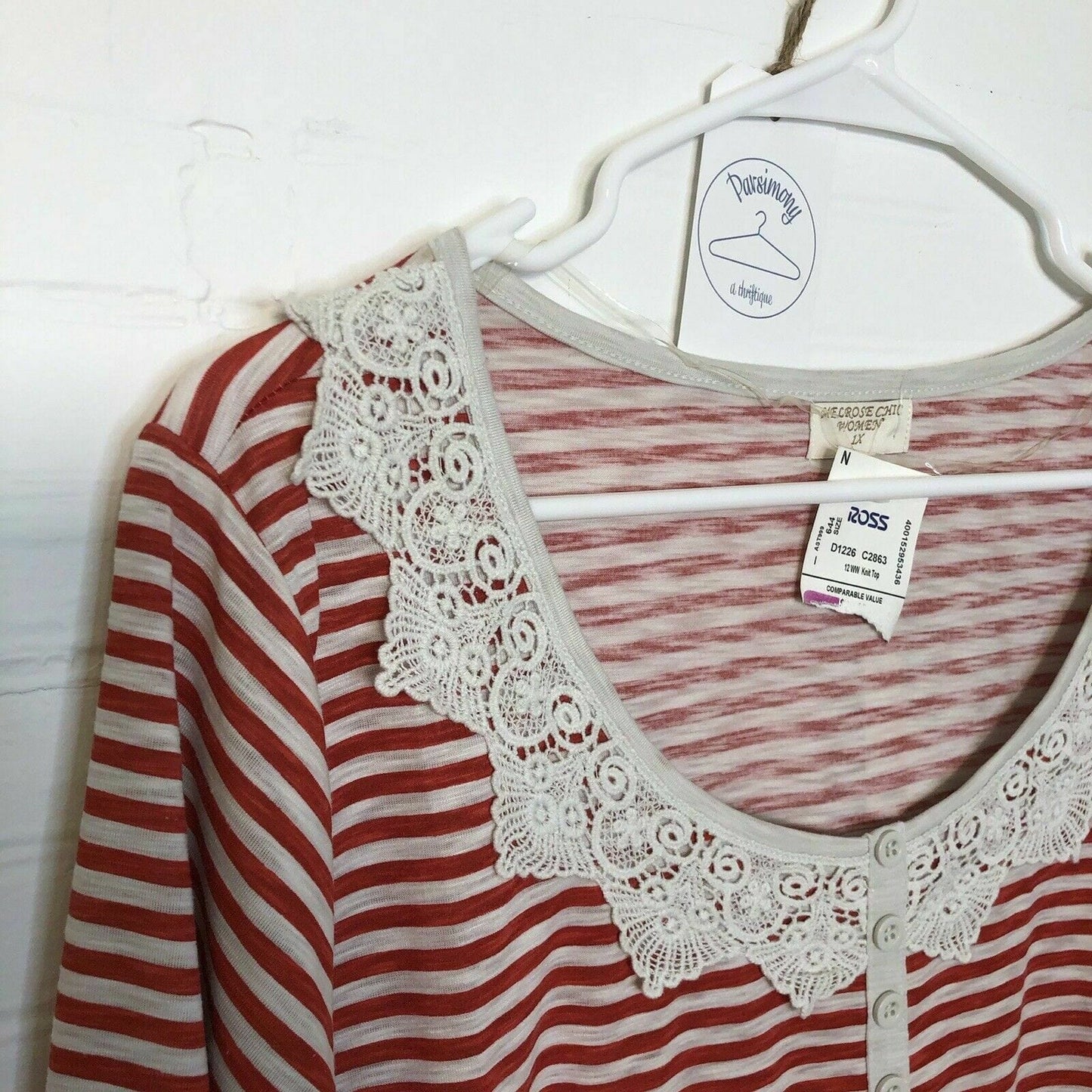 Melrose Chic Women's Red and White Stripe Crocheted Collar Blouse - Size 1X