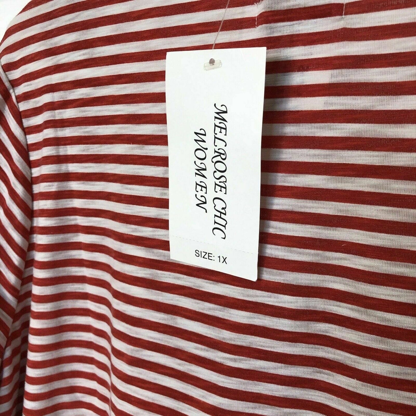 Melrose Chic Women's Red and White Stripe Crocheted Collar Blouse - Size 1X
