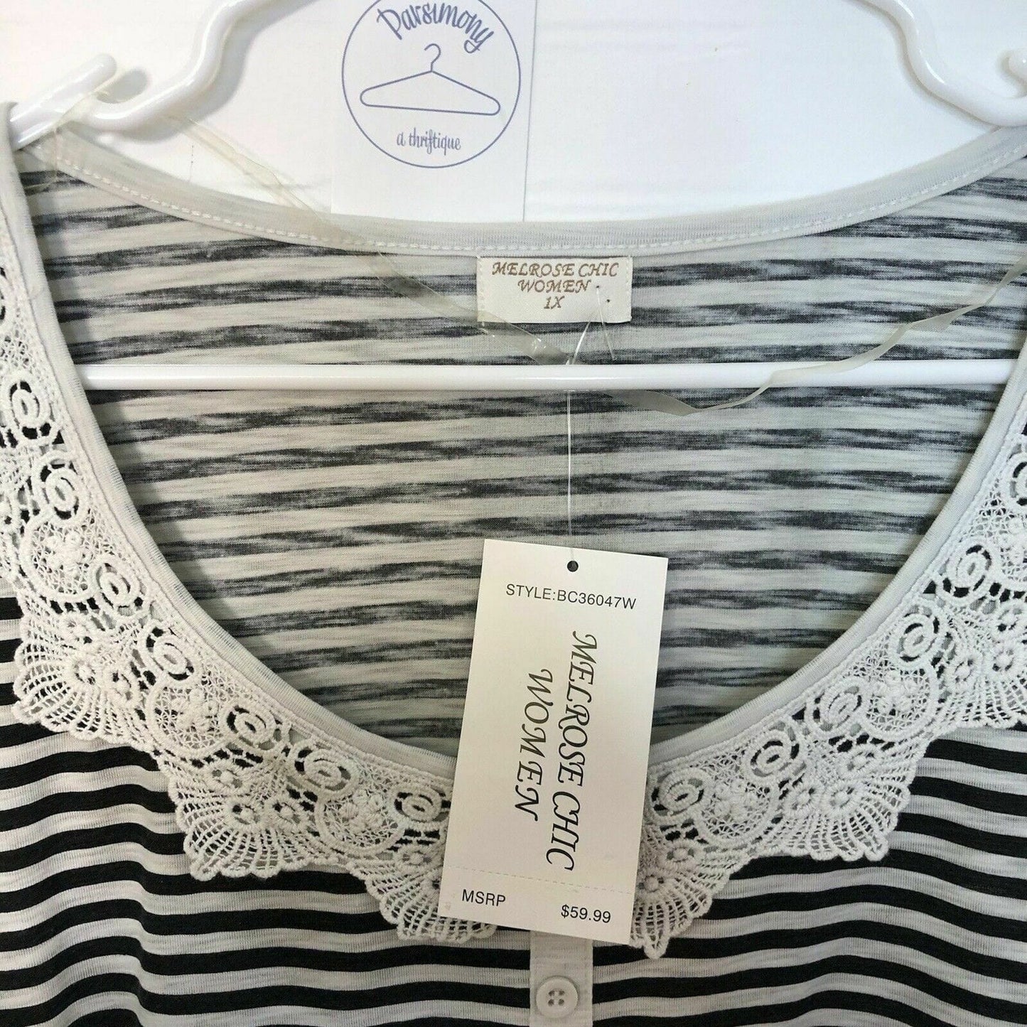 Melrose Chic Women's Black and White Stripe Crocheted Collar Blouse - Size 1X