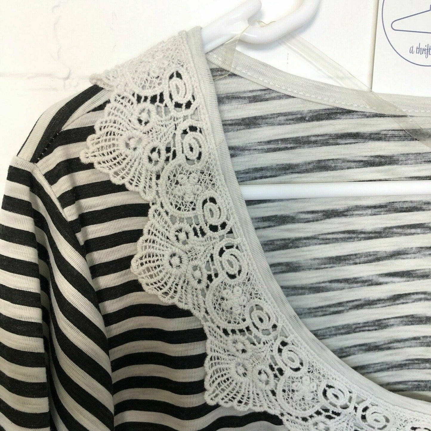 Melrose Chic Women's Black and White Stripe Crocheted Collar Blouse - Size 1X