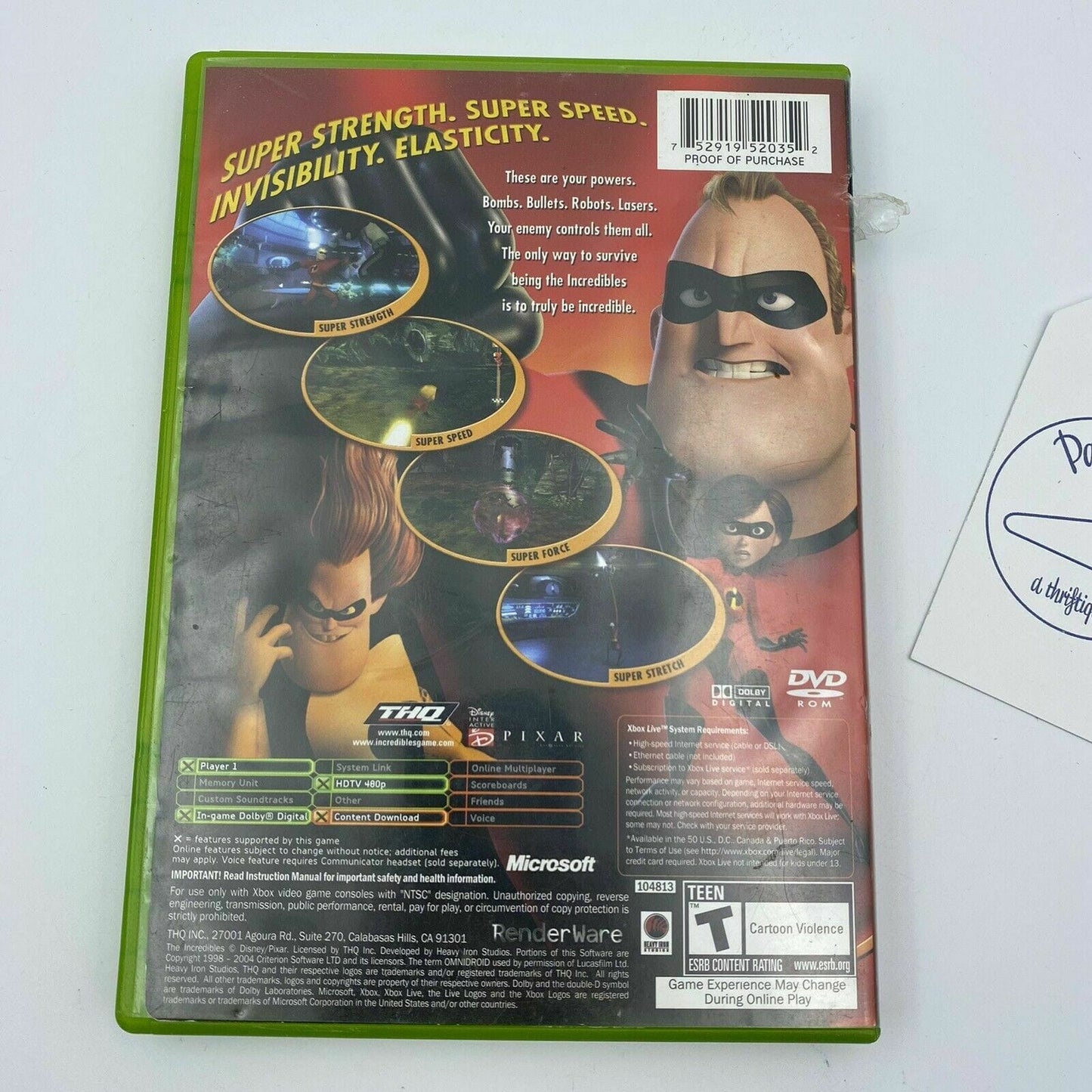 Incredibles Video Game (Microsoft Xbox, 2004) Disney Pixar Rated T