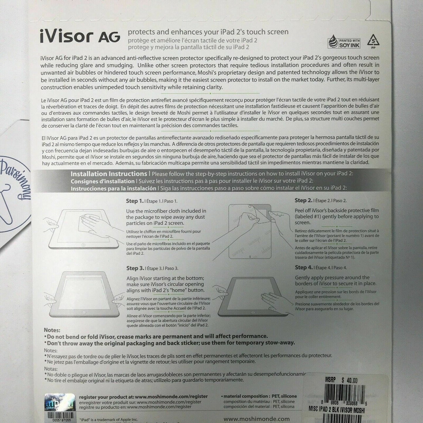 Moshi iVisor AG advanced Apple iPad 2 Screen Protector - Black Matte Version
