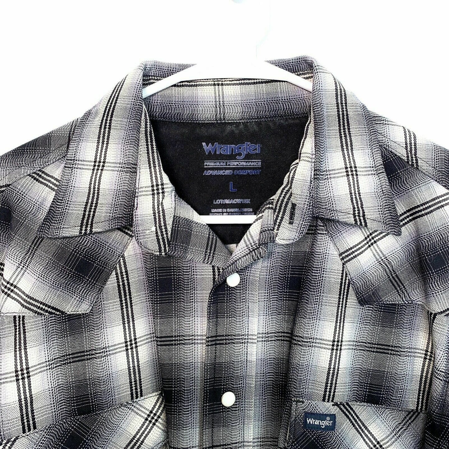Wrangler Performance Mens Size L Western Gray Plaid Shirt Pearl Snap-Up L/s