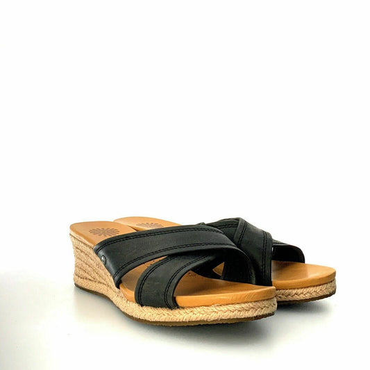 UGG Australia Womens “Gwyn” Size 7.5 Black Wedge Leather Sandals Slides