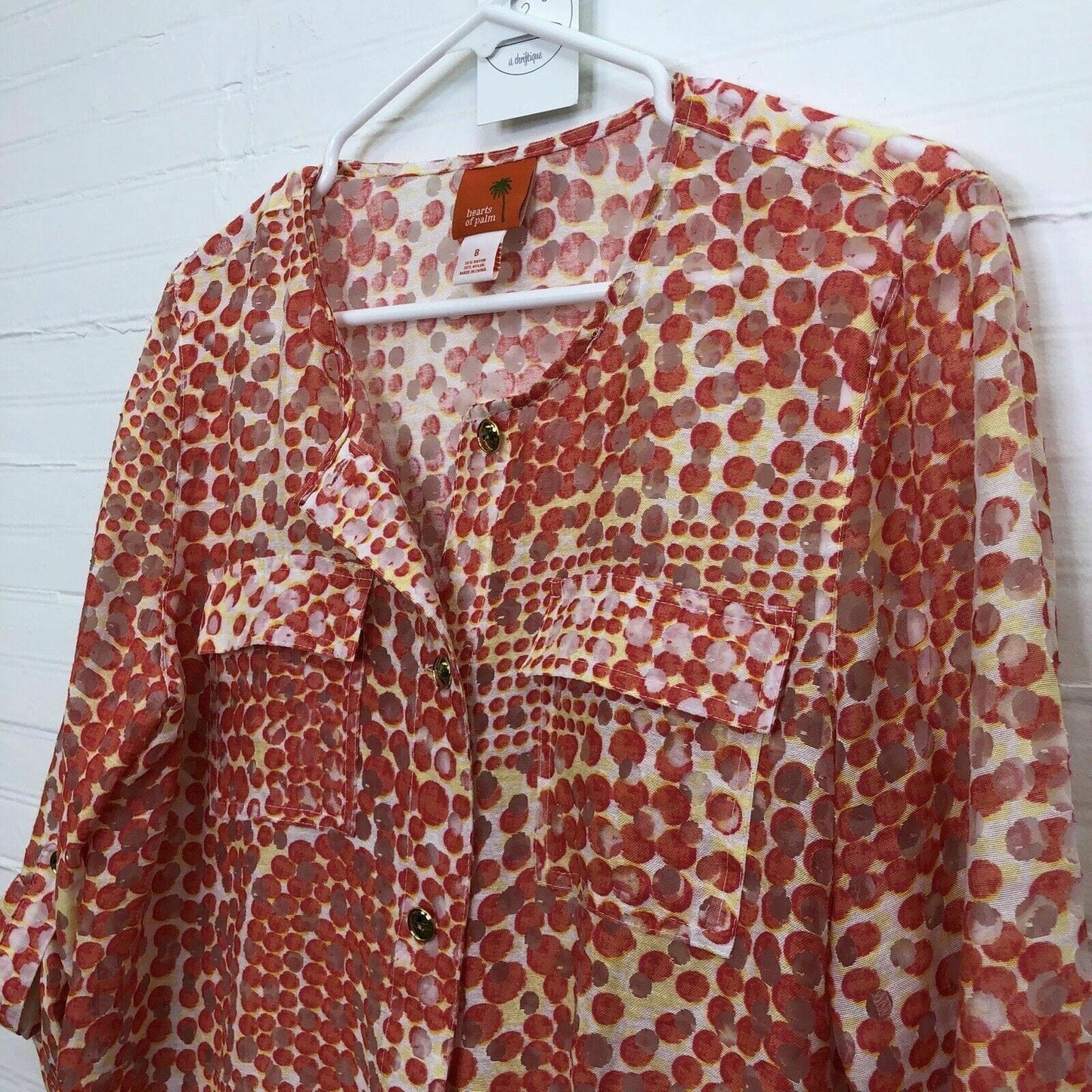 Hearts of Palm Womens Size 8 Orange White Jacket Sheer Button-Up ¾ Sleeve