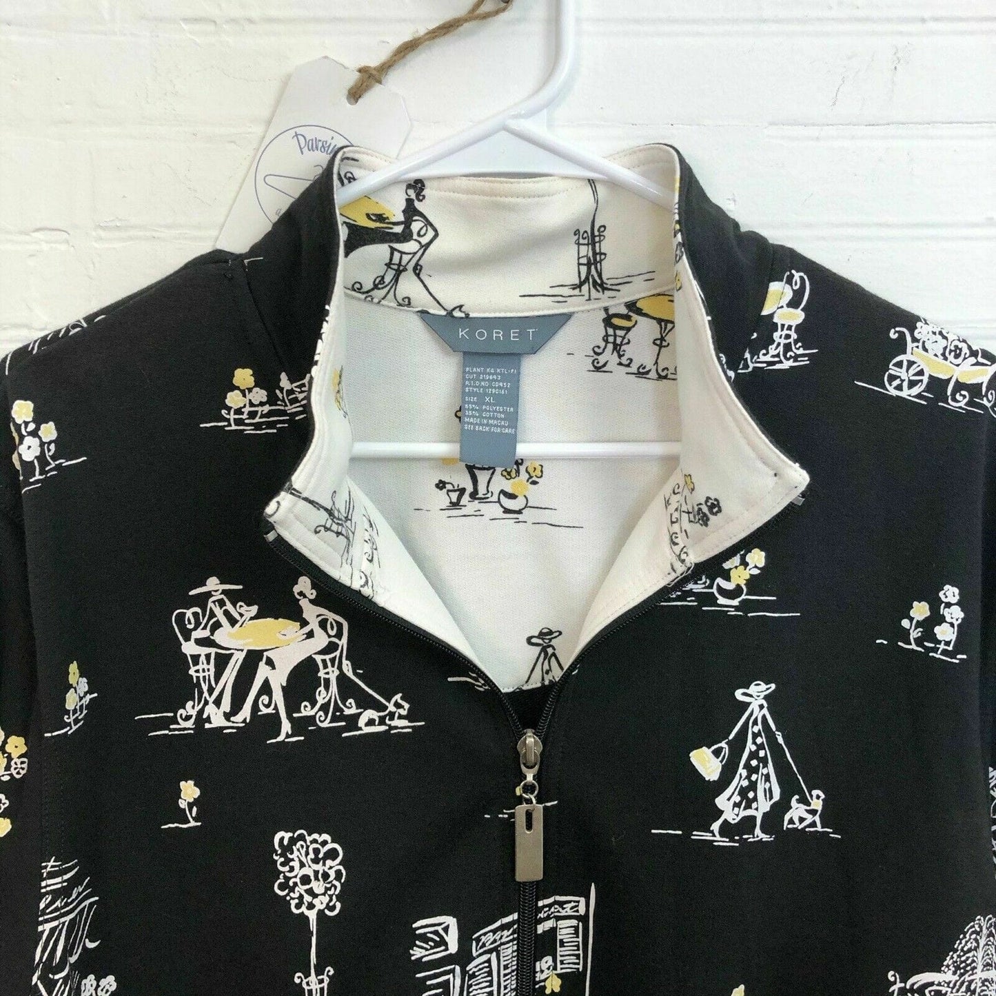 Koret Womens Size XL Black Sweatshirt Full Zip Lined French Themed Jacket