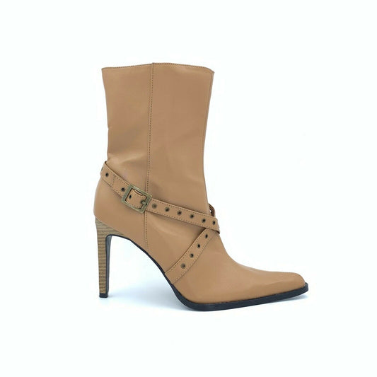 Wild Diva Womens Faux Leather Pointed Toe Zip-Up Boots, Beige - Size 7
