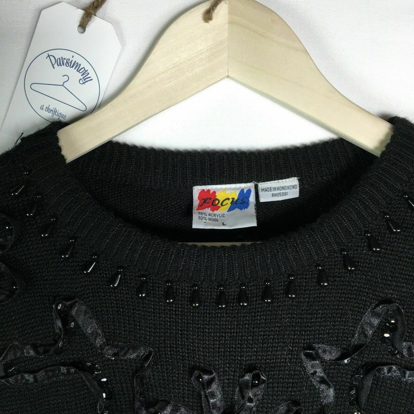 Focus Women's Black Long Sleeve Sweater - Ribbon, Sequin & Bead Embellishments - Size L - Excellent Condition