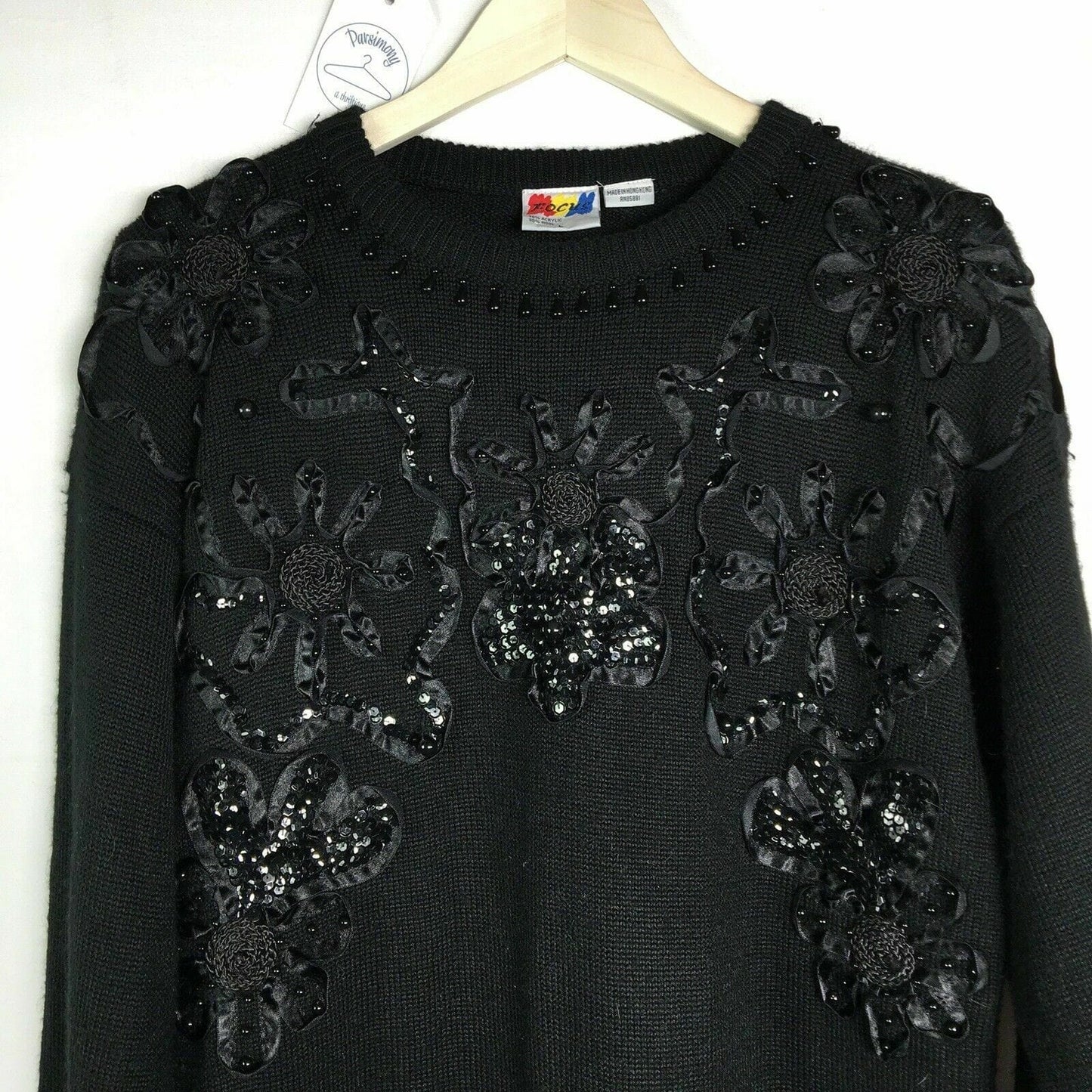 Focus Women's Black Long Sleeve Sweater - Ribbon, Sequin & Bead Embellishments - Size L - Excellent Condition