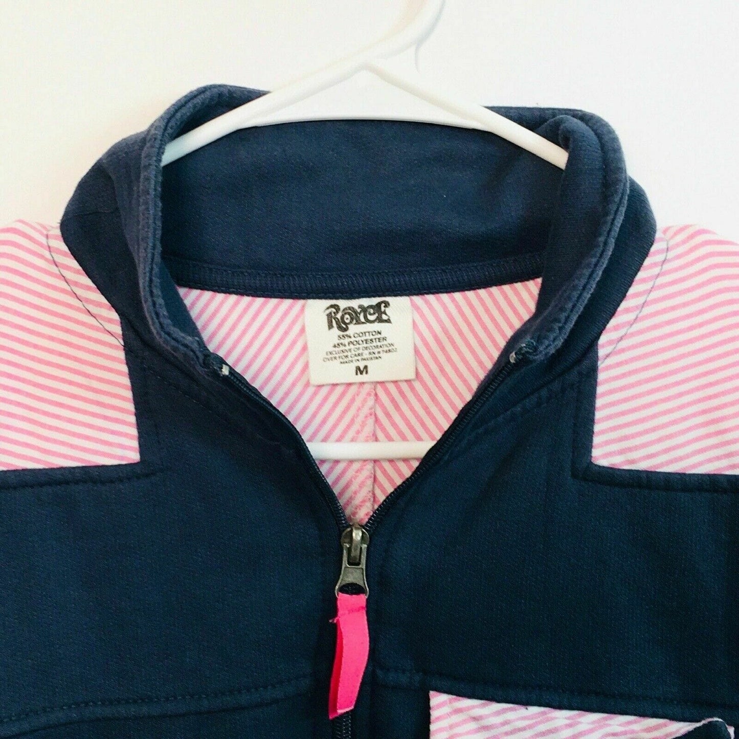 Royce Women's Blue Pullover Sweatshirt with Pink and White Seersucker Accents - Size M - Pre-Owned