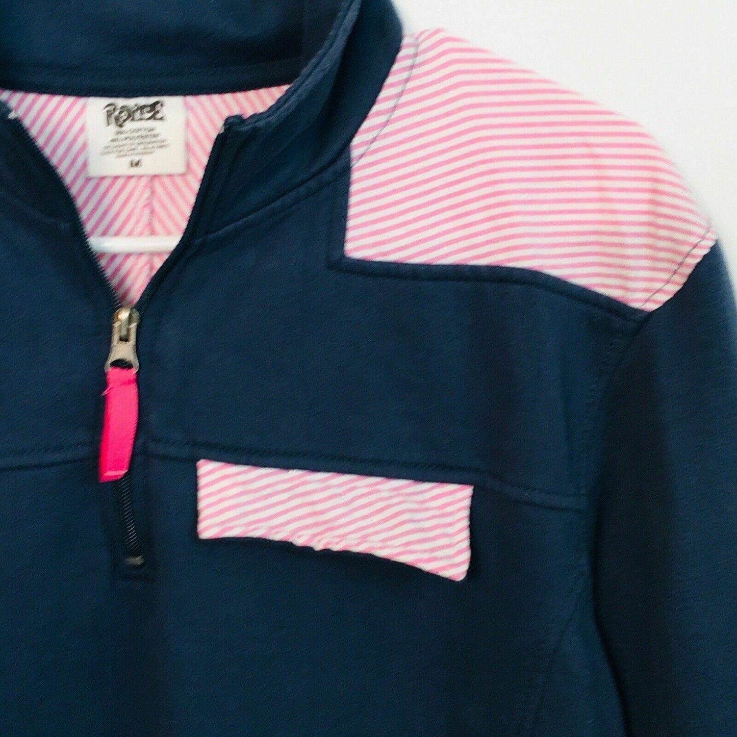 Royce Women's Blue Pullover Sweatshirt with Pink and White Seersucker Accents - Size M - Pre-Owned
