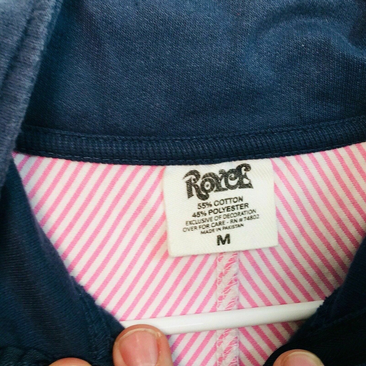 Royce Women's Blue Pullover Sweatshirt with Pink and White Seersucker Accents - Size M - Pre-Owned