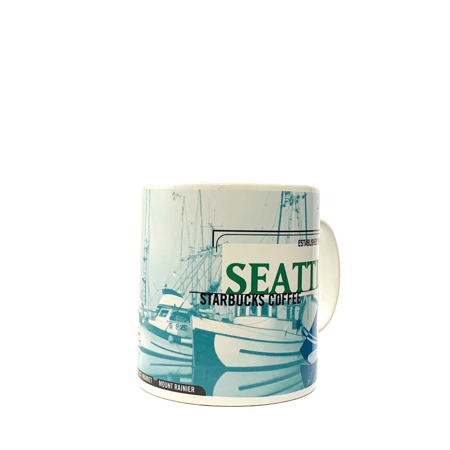 Starbucks Seattle WA Ceramic Coffee Mug Cup 1999 Elephant Carwash Fishing Boats