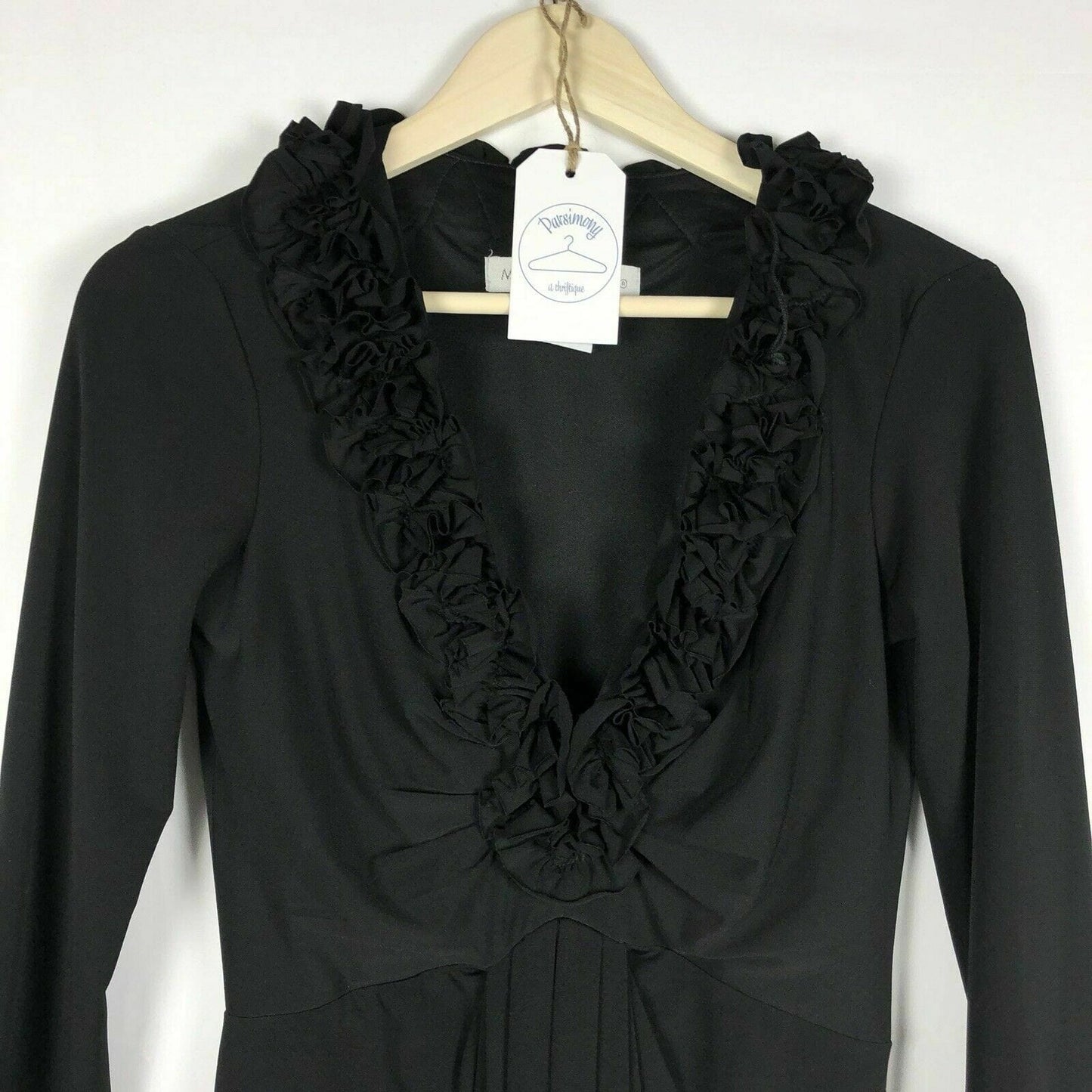 Sophisticated Maggy London Black Cocktail Dress Ruffle V-Neck L/s Size 8