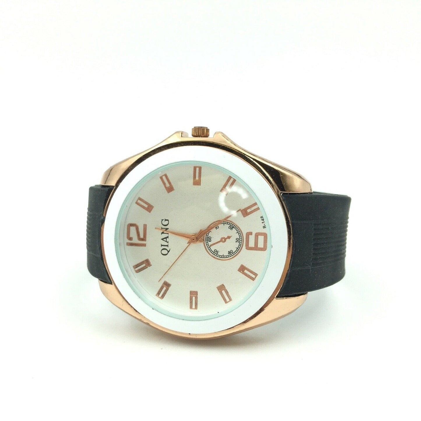 Stylish Qiang Mens Analog Watch Durable Gold Bezel Black Rubber Watchband