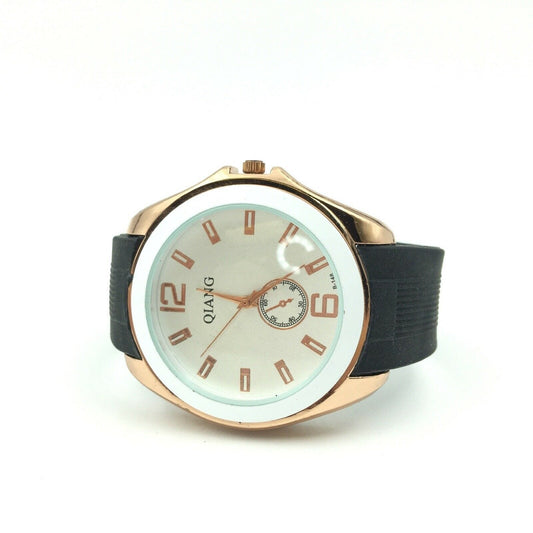 Stylish Qiang Mens Analog Watch Durable Gold Bezel Black Rubber Watchband